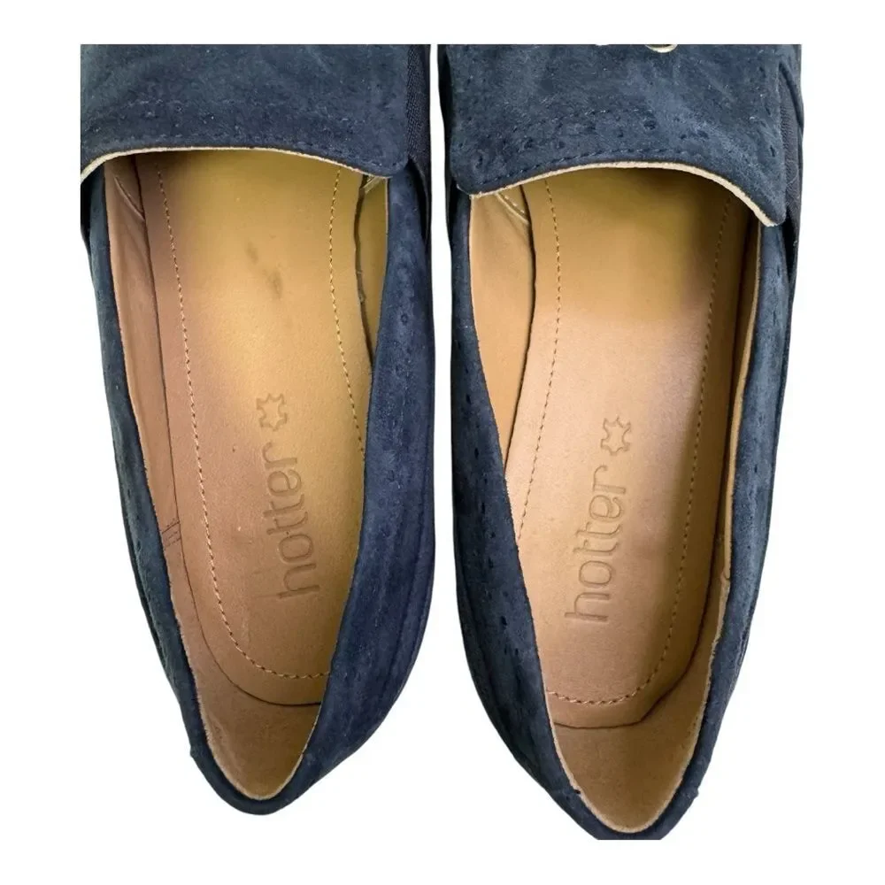 Hotter Brigitte Navy Suede Wedge‎ Loafers Tassel Brogue Detail Women US 9 UK 7